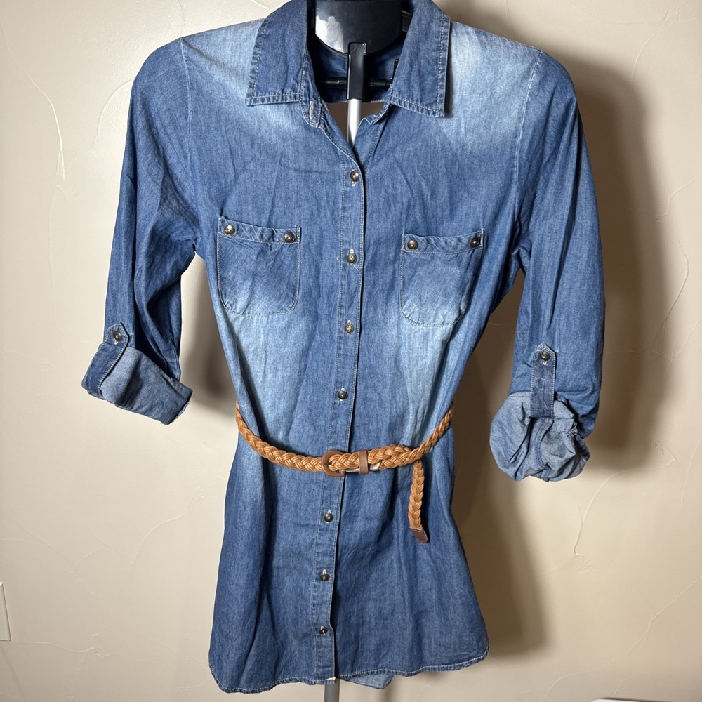 derek heart Thin Denim Full Button‎ Down Open Back Dress With Belt Large